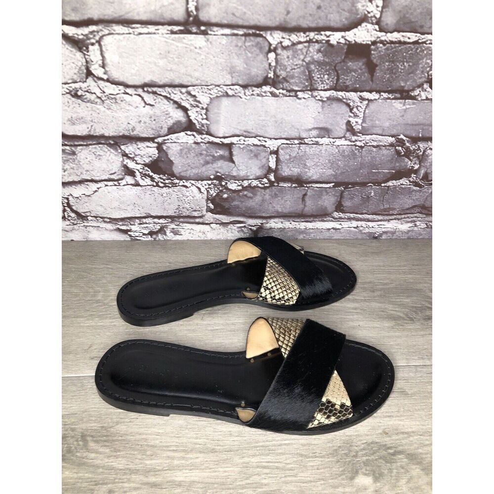 Amanu Black Calf Hair Leather Python Cross Strap Slides Sandals Women 9M US/40EU